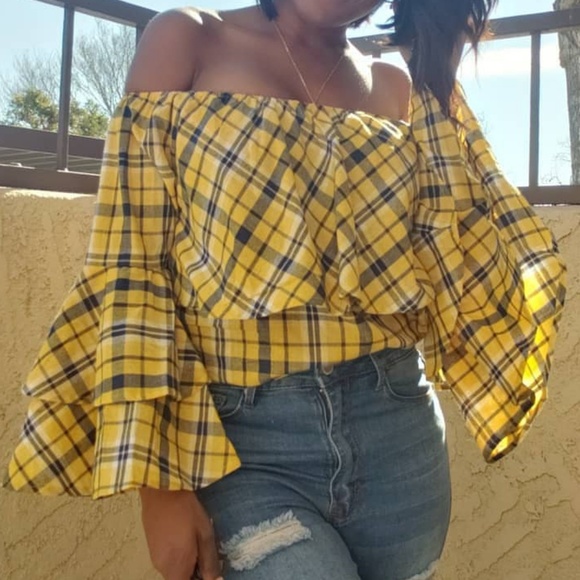 Tops - MUSTARD PLAID PRINT TOP Tops - MUSTARD PLAID PRINT TOP